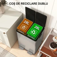 HOMCOM Coș gunoi cu pedală bucătărie, capac închidere ușoară, recipiente interioare detașabile, oțel, 2x28L, argintiu(m-4)