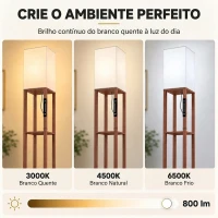 HOMCOM Candeeiro de Pé com 3 Prateleiras LED Regulável Controlo Tátil e Remoto Abajur em Tecido Lâmpada Incluída Castanho(m-5)