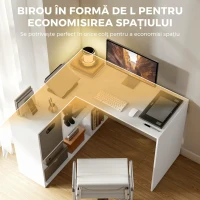 HOMCOM Birou în Formă de L pentru Computer, 110x100 cm, Birou cu Raft și Sertar din Material Textil, Masă PC pentru Dormitor, Birou și Cameră de Studiu, Alb(m-4)