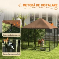 PawHut Țarc pentru câini din metal și material Oxford cu ușiță pentru boluri, 141x141x151 cm, negru și maro(m-7)