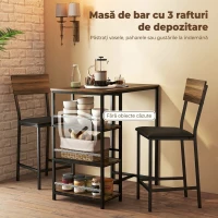 HOMCOM Masă de bar cu 3 rafturi și 2 scaune cu suport pentru picioare și spătar, din lemn și oțel, negru și culoare nuc(m-4)