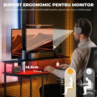 HOMCOM Birou Reversibil pentru PC cu Prize Electrice, Lumini, Suport Monitor și Raft, 120x50 cm, Negru(m-6)
