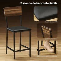 HOMCOM Masă de bar cu 3 rafturi și 2 scaune cu suport pentru picioare și spătar, din lemn și oțel, negru și culoare nuc(m-5)