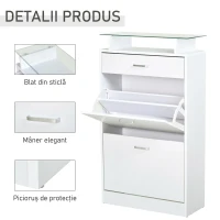 HOMCOM Dulap pentru pantofi din lemn cu 2 uși, 2 niveluri, sertar și raft din sticlă, 60x24x105.5 cm, alb(m-7)