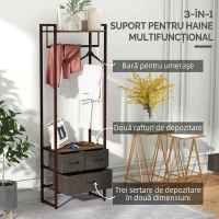 HOMCOM Cuier de Podea cu Bară, 3 Sertare și Rafturi, din Lemn MDF și Oțel, 58,5x30x178 cm, Maro(m-4)
