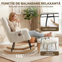 HOMCOM Fotoliu Balansoar din Sherpa cu Taburet, Buzunare Laterale, Șezut Gros, Design Matlasat, Crem(m-4)