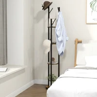 HOMCOM Cuier rotativ de podea cu 8 cârlige și 4 rafturi, stil industrial, Ø30x175cm, maro(m-7)