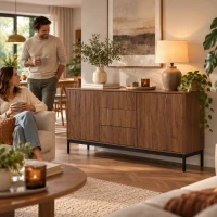 Dressoir met 3 lades, opbergruimte met 2 verstelbare planken, Mid-Century- design in donker eikenlook, MDF/spaanplaat, 150×40×80 cm, bruin(m-2)