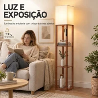 HOMCOM Candeeiro de Pé com 3 Prateleiras LED Regulável Controlo Tátil e Remoto Abajur em Tecido Lâmpada Incluída Castanho(m-4)
