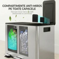 HOMCOM Coș de Gunoi cu 3 Compartimente de 20L cu Închidere Silențioasă, din Oțel Inoxidabil și PP, 61.9x36.6x56.7 cm(m-5)