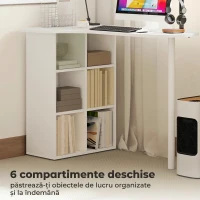 HOMCOM Birou pentru Cameră cu Blat Curbat, 6 Rafturi și 4 Polițe Reglabile, din Oțel și Lemn, 100x59x75,5 cm, Alb(m-5)
