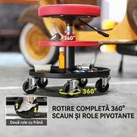 HOMCOM Scaun de Atelier cu Roți de 6 cm, Capacitate până la 135 kg, Înălțime Reglabilă 40-51 cm, cu Tăvi pentru Scule, Roșu(m-7)