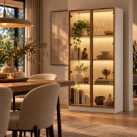 Glasvitrine dubbeldeurs met 16-kleurige LED-verlichting, 2 verstelbare planken en 1 vaste plank, bruin glasdetail, ideaal voor verzamelobjecten, spaanplaat met kabeldoorvoer, 80X40X160 cm, wit(m-4)