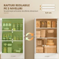 HOMCOM Bufet de Bucătărie cu 2 Dulapuri și un Sertar, Rafturi Reglabile și Uși din Sticlă, 60x35x180 cm, Alb(m-5)