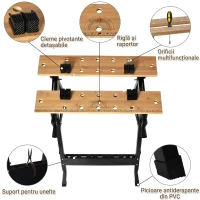 HOMCOM Banc de Lucru Pliabil cu 4 Menghine, Riglă și Unghiometru, Capacitate 150 kg, Negru și Lemn(m-6)