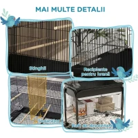 PawHut Colivie de interior pentru păsări cu tavă, raft și roți cu frână, 85x49x119 cm, negru(m-7)