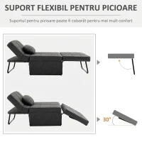 HOMCOM Fotoliu Pat 4 în 1 cu Spătar Reglabil și Pernă din Material Textil cu Aspect de In, 95x179x78 cm, Gri(m-6)