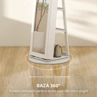 HOMCOM Dulap pentru Bijuterii 3 în 1 Rotativ la 360°, Rafturi din Spate și Ușă cu Cheie, 55x55x161 cm, Alb(m-6)