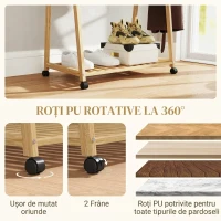 HOMCOM Cuier din Bambus cu Raft pentru Încălțăminte, 2 Cârlige, Cuier Mobil pentru Hol, Sufragerie, Natural(m-5)