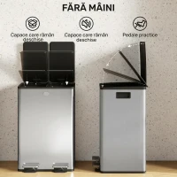 HOMCOM Coș gunoi cu pedală bucătărie, capac închidere ușoară, recipiente interioare detașabile, oțel, 2x28L, argintiu(m-6)