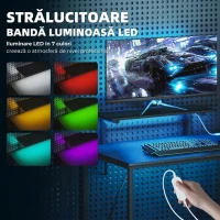 HOMCOM Birou Gaming Colțar cu LED, Prize Electrice, Suport pentru Monitor și Raft, Negru(m-4)