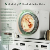 HOMCOM Mini Uscător de Rufe Portabil, Capacitate 2.5 kg, 5 Programe, 800/400 W, Tambur din Oțel Inoxidabil, Alb(m-4)