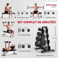 SPORTNOW Set Gantere Hexagonale pentru Sală cu Suport și Mânere Antialunecare, 2x2kg, 2x5kg, 2x8kg, 2x10kg, Negru(m-4)