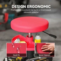 HOMCOM Scaun de Atelier cu Roți de 6 cm, Capacitate până la 135 kg, Înălțime Reglabilă 40-51 cm, cu Tăvi pentru Scule, Roșu(m-6)