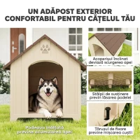 PawHut Căsuță pentru câini de exterior, talie mare și XL, căsuță din plastic impermeabil cu bază ridicată, ferestre și acoperiș înclinat pentru grădină, curte, terasă, casă, 102x94x103 cm, Bej(m-4)