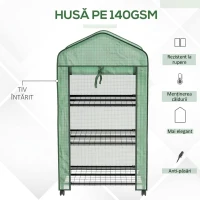 Outsunny Mini Seră de Grădină cu Acoperire din PE, 3 Rafturi și Roți, 69x49x130cm, Verde(m-5)