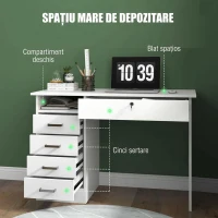 HOMCOM Birou modern cu 5 sertare și compartiment deschis cu încuietoare și 2 chei, 110x50x76cm, alb(m-4)