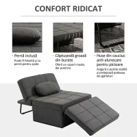 HOMCOM Fotoliu Pat 4 în 1 cu Spătar Reglabil și Pernă din Material Textil cu Aspect de In, 95x179x78 cm, Gri(m-7)