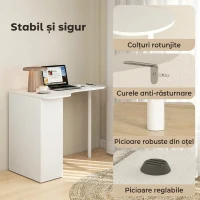 HOMCOM Birou pentru Cameră cu Blat Curbat, 6 Rafturi și 4 Polițe Reglabile, din Oțel și Lemn, 100x59x75,5 cm, Alb(m-7)