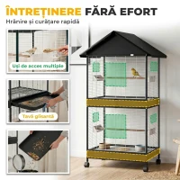 PawHut Colivie Mare pentru Păsări cu Roți, Stinghii, Acoperiș și Hrănitori, pentru Papagali și Canari, Negru(m-7)