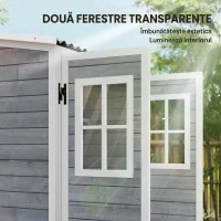 Outsunny Căsuță de Grădină din Lemn cu Rafturi Reglabile, Două Uși cu Încuietoare și Ferestre, Gri(m-4)