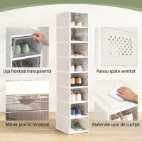 HOMCOM Dulap pentru pantofi cu 8 compartimente suprapozabile și pliabile, cu panou transparent, alb(m-5)