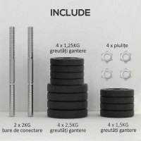 HOMCOM Set de gantere pentru sală de 25 kg în total, cu 12 discuri de greutăți și 2 bare de 2 kg, negru(m-6)
