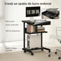 HOMCOM Birou PC cu Sertar Glisant, 2 Rafturi și 4 Roți, din Lemn și Metal, 56x51x79 cm, Negru(m-4)