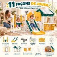 AIYAPLAY Ensemble Toboggan et Balançoire 11 en 1 Enfants, Aire de Jeux Intérieure, Maisonnette, Panier de Basket, 1-4 Ans, Jaune(m-4)