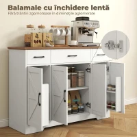 HOMCOM Bufet Bucătărie Rustic, Bufet cu Uși Soft-Close, 3 Sertare, 3 Rafturi Reglabile, Portaspecii, PAL, MDF, Alb(m-5)