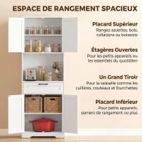 HOMCOM Buffet Haut Cuisine, Armoire Cuisine, 4 Portes à Fermeture Douce, Tiroir, Compartiment Ouvert, Étagères Réglables, Blanc(m-4)