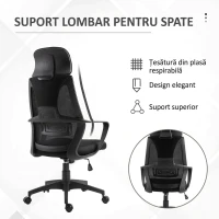 Vinsetto Scaun de Birou Rabatabil cu Tetieră și Suport Lombar, din Poliester, 64x55x116-126 cm, Negru(m-6)