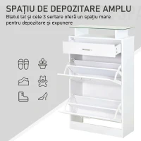 HOMCOM Dulap pentru pantofi din lemn cu 2 uși, 2 niveluri, sertar și raft din sticlă, 60x24x105.5 cm, alb(m-5)