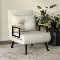 HOMCOM Fotoliu Pat 3 în 1 cu Spătar Reglabil și Pernă, din Material cu Efect de Catifea, 63x73x81 cm, Crem(m-7)