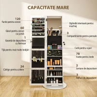 HOMCOM Dulap pentru Bijuterii 3 în 1 Rotativ la 360°, Rafturi din Spate și Ușă cu Cheie, 55x55x161 cm, Alb(m-5)
