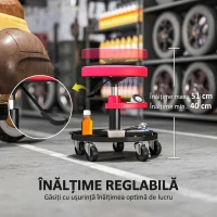 HOMCOM Scaun de Atelier cu Roți de 6 cm, Capacitate până la 135 kg, Înălțime Reglabilă 40-51 cm, cu Tăvi pentru Scule, Roșu(m-5)