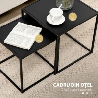 HOMCOM Set de 2 Mese de Cafea Pătrate Suprapozabile pentru Living și Sufragerie din Oțel, Negru(m-6)