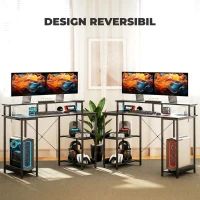 HOMCOM Birou Reversibil pentru PC cu Prize Electrice, Lumini, Suport Monitor și Raft, 120x50 cm, Negru(m-7)