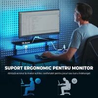 HOMCOM Birou Gaming Colțar cu LED, Prize Electrice, Suport pentru Monitor și Raft, Negru(m-7)