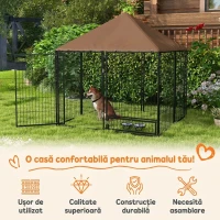 PawHut Țarc pentru câini din metal și material Oxford cu ușiță pentru boluri, 141x141x151 cm, negru și maro(m-4)
